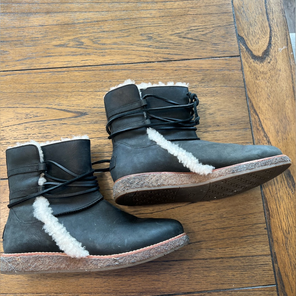 UGG Women’s Size 8 Luisa Water Resistant Black Leather Shearling Boots #1012545 - Picture 5 of 8
